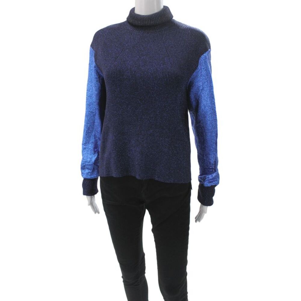 Cedric Charlier Womens Pullover Turtleneck Metallic Blue Long Sleeve Size M